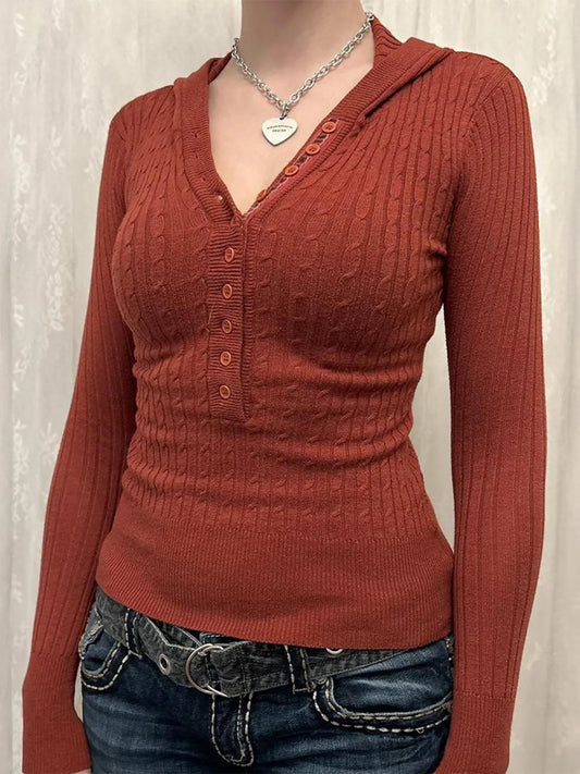 Trendsi Button Front Long Sleeve Sweater Rust
