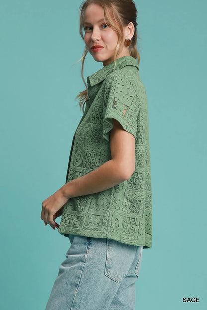 Trendsi Umgee Patch Lace Short Sleeve Button Down Shirt
