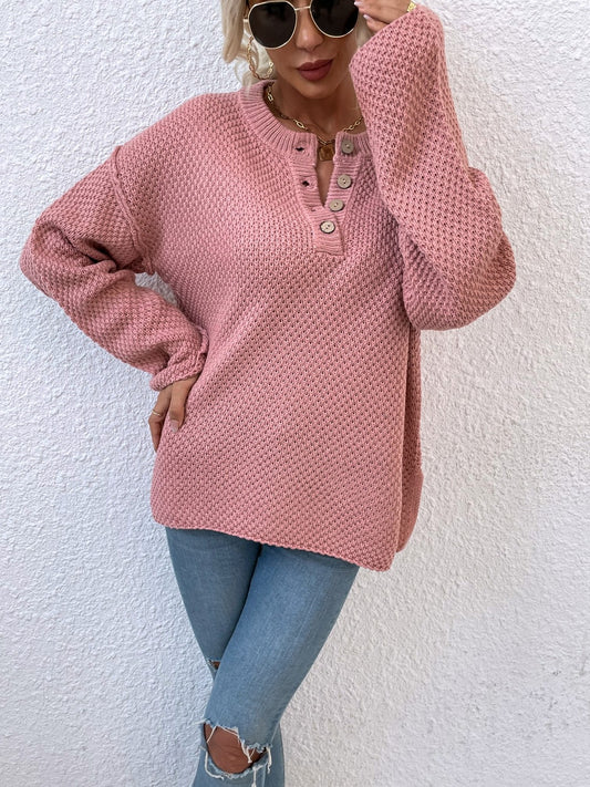 Quarter-Button Slit Sweater Dusty Pink Easy Apparels