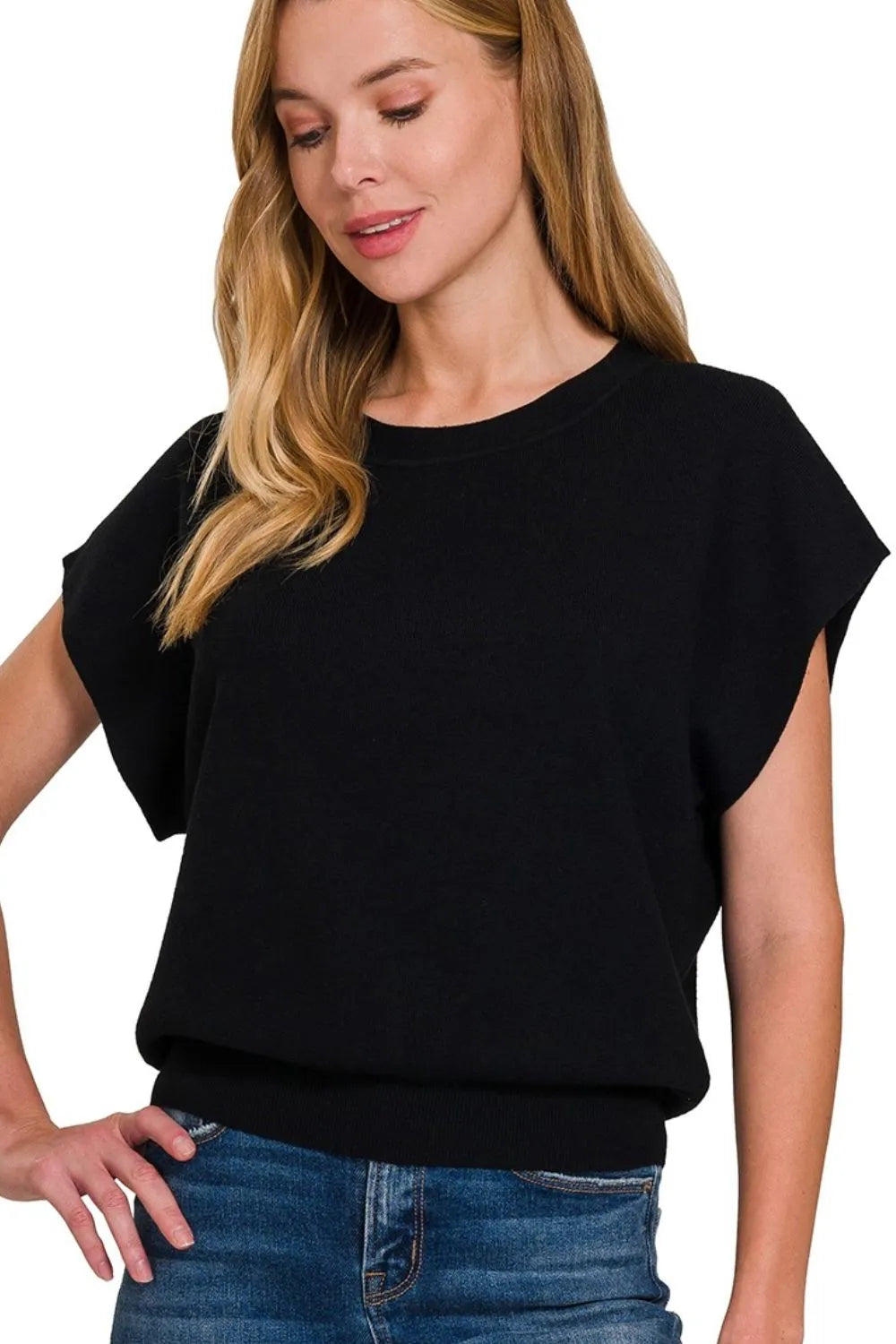 Trendsi Zenana Round Neck Short Dolman Sleeve Sweater BLACK