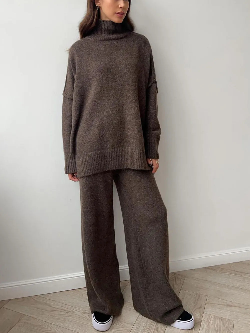 Slit Turtleneck Long Sleeve Top and Pants Sweater Set Coffee Brown One Size Easy Apparels