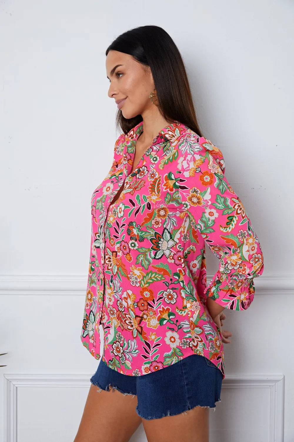 Trendsi Floral Button Up Flounce Sleeve Shirt