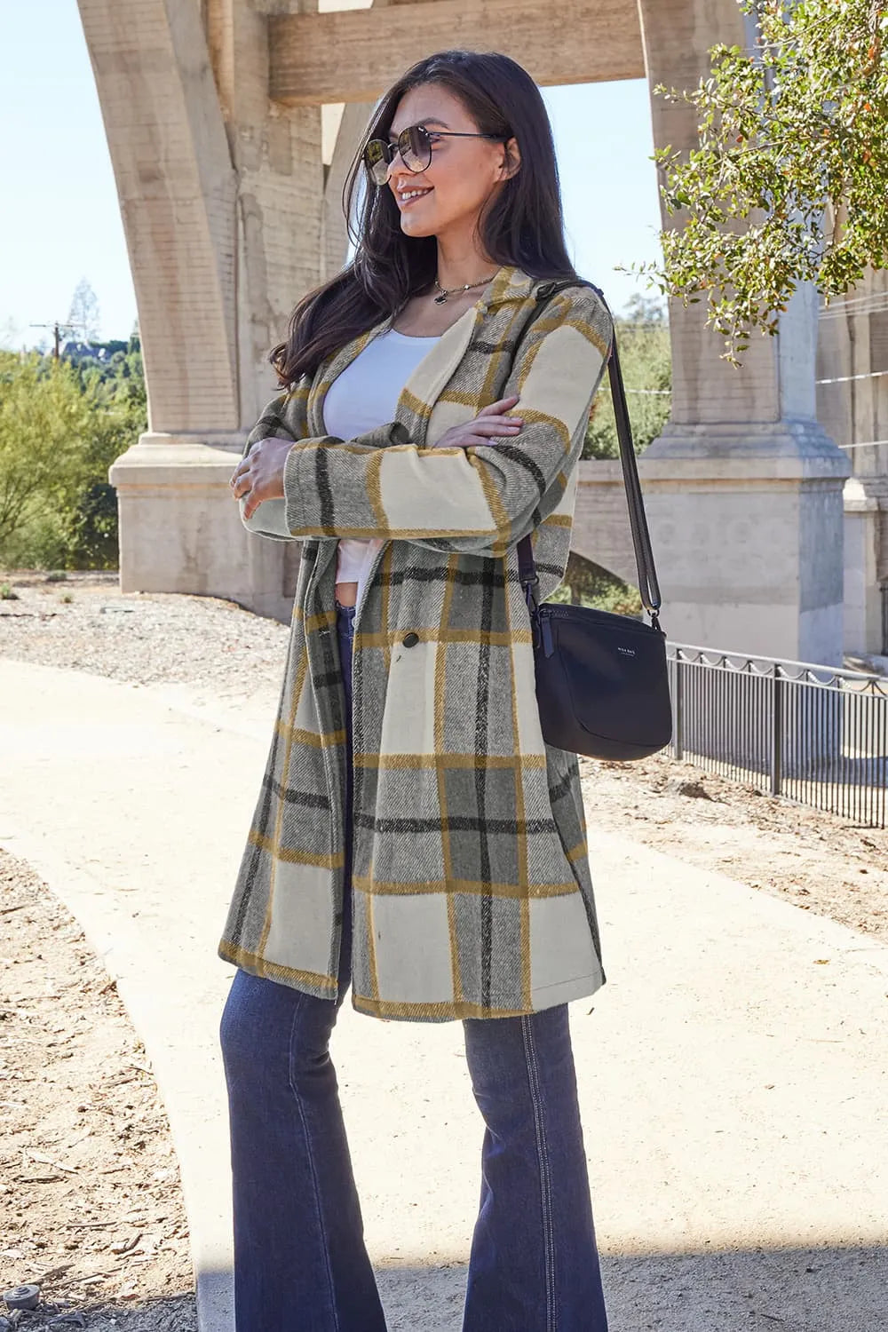Double Take Full Size Plaid Button Up Lapel Collar Coat Easy Apparels