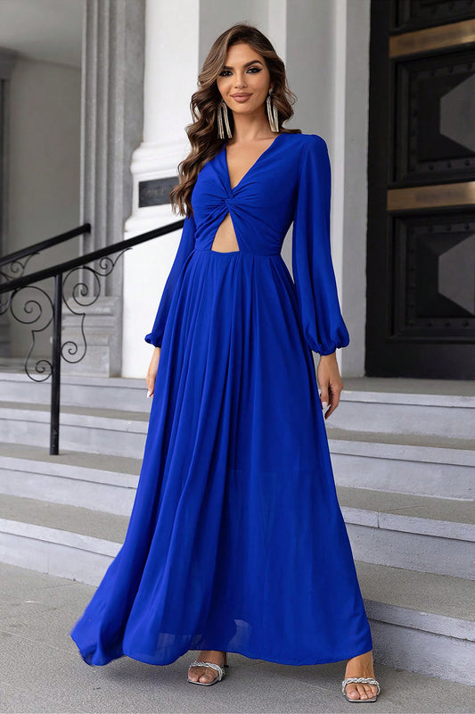 Twist Front Cutout Long Sleeve Dress Royal Blue Easy Apparels