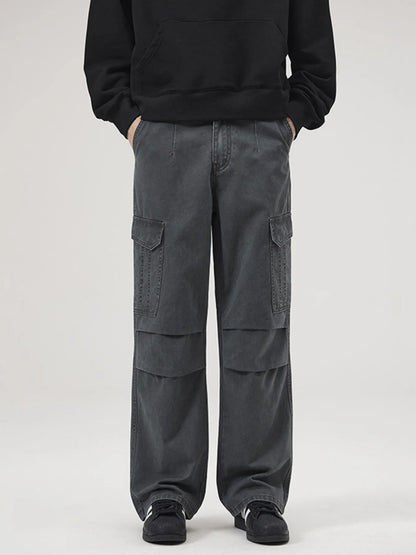 Men's Full Size Multi-Pocket Cargo Pants with Ruched Detail Plus Size Grey Easy Apparels