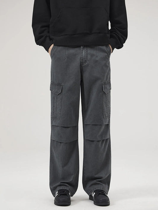 Men's Full Size Multi-Pocket Cargo Pants with Ruched Detail Plus Size Grey Easy Apparels