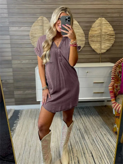 Full Size V-Neck Short Sleeve Denim Dress Plus Size Gray Purple Easy Apparels
