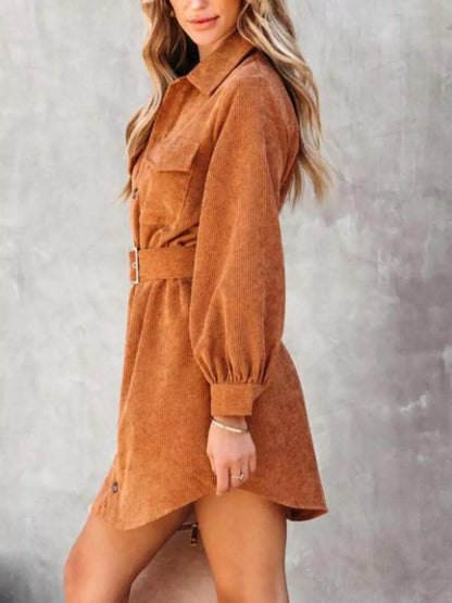 Button Front Belt Long Sleeve Corduroy Dress Easy Apparels