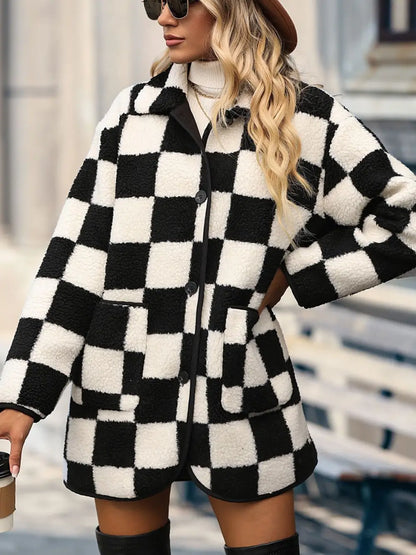 Double Take Full Size Checkered Button Front Coat with Pockets Easy Apparels