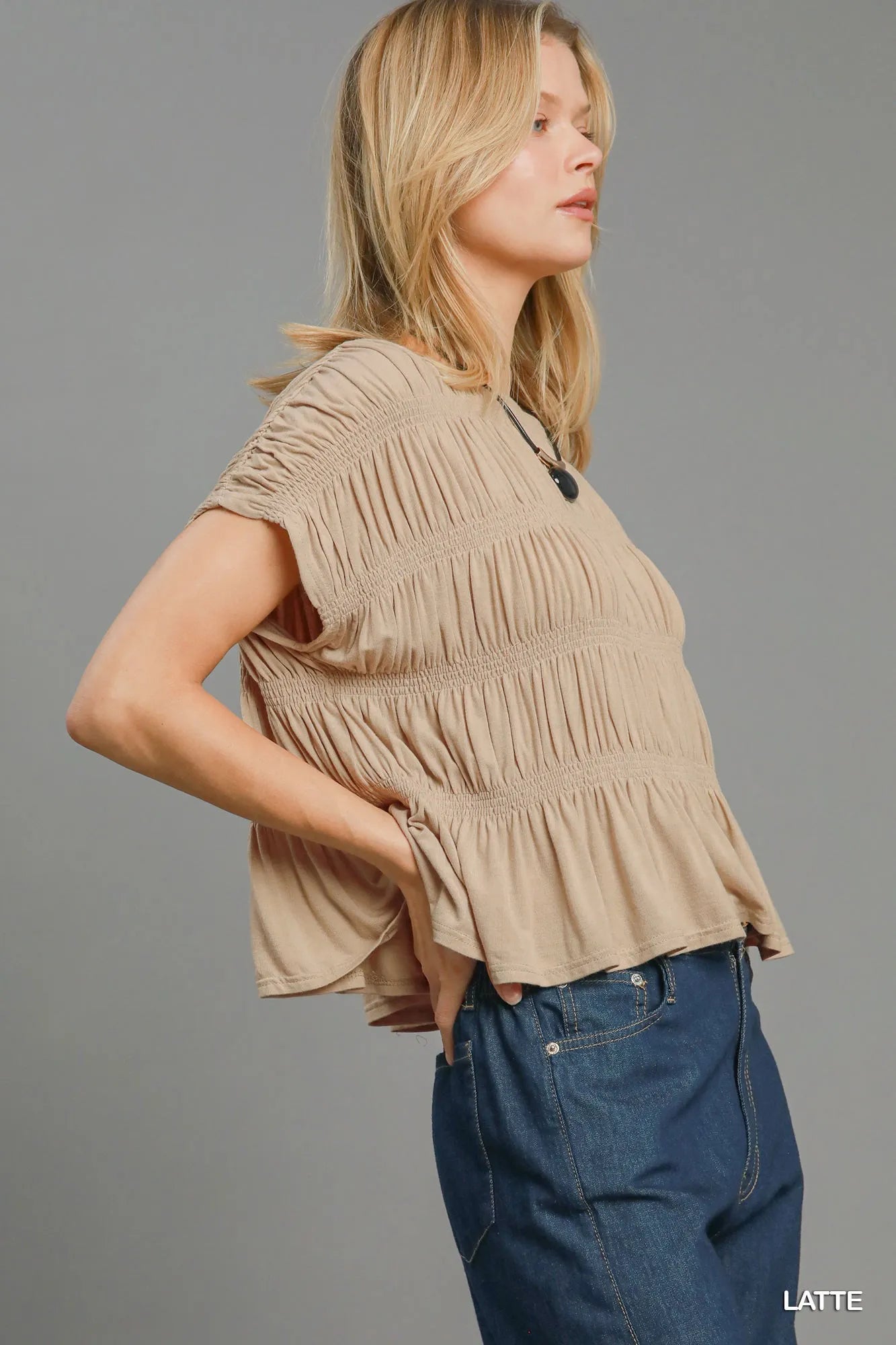 Trendsi Umgee Short Sleeve Knit Smocked Top