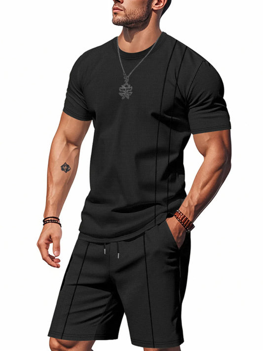 Men's Full Size Round Neck Short Sleeve Top and Shorts Set Plus Size Black Easy Apparels