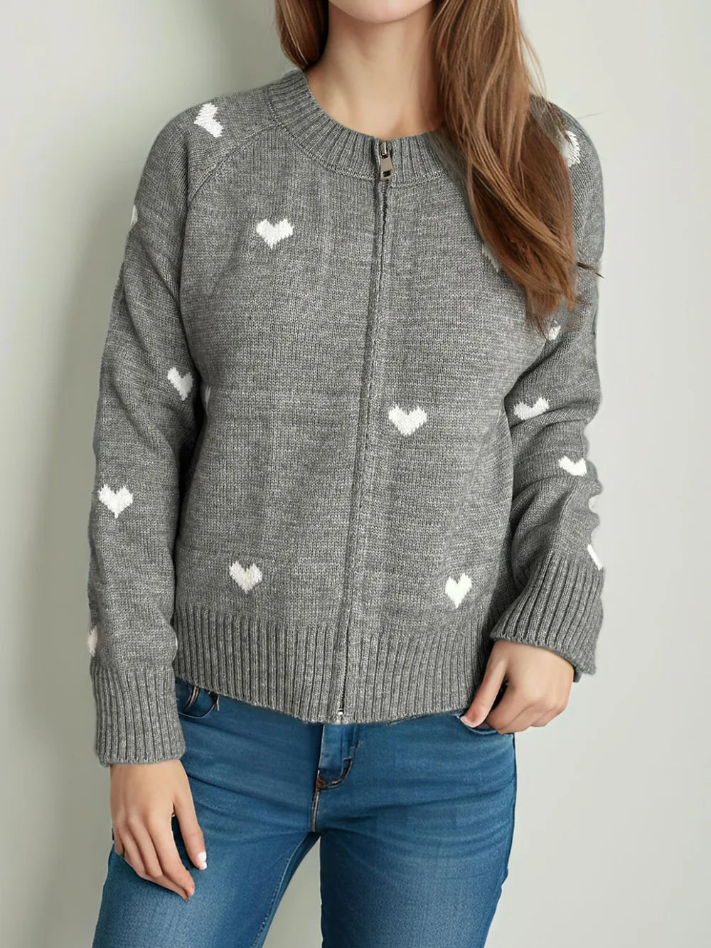 Heart Round Neck Zip Up Cardigan Easy Apparels