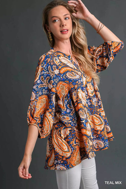 Umgee Mix Paisley Boho Tunic Blouse Easy Apparels