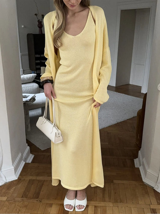 V-Neck Knit Dress and Cardigan Sweater Set Pastel Yellow Easy Apparels