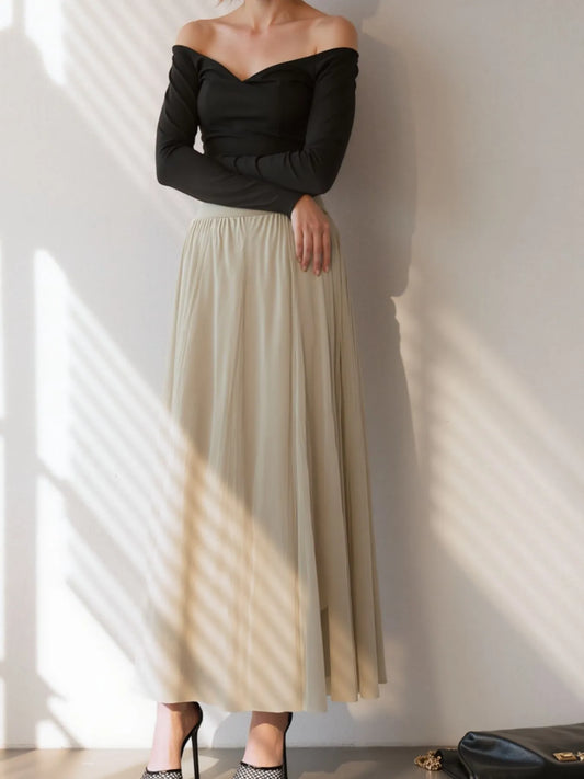 High-Waisted Midi Skirt Beige Easy Apparels