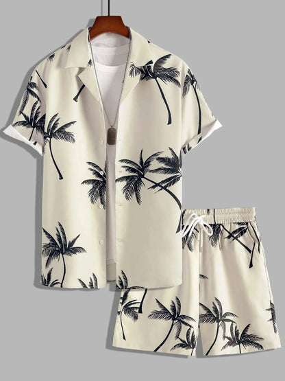 Men's Full Size Palm Print Button Up Shirt and Shorts Set Plus Size Beige Easy Apparels