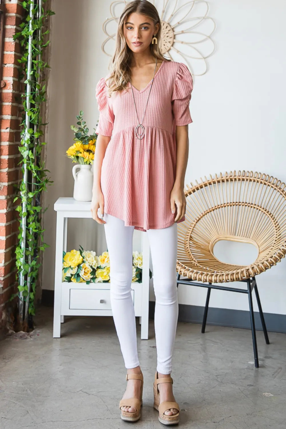 Trendsi Heimish Full Size Waffle Knit V-Neck Babydoll Top