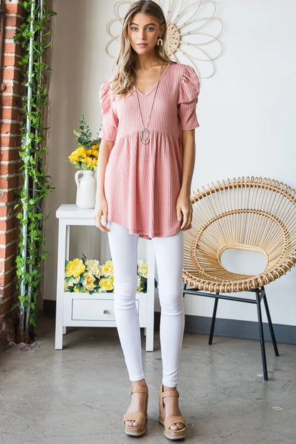 Trendsi Heimish Full Size Waffle Knit V-Neck Babydoll Top