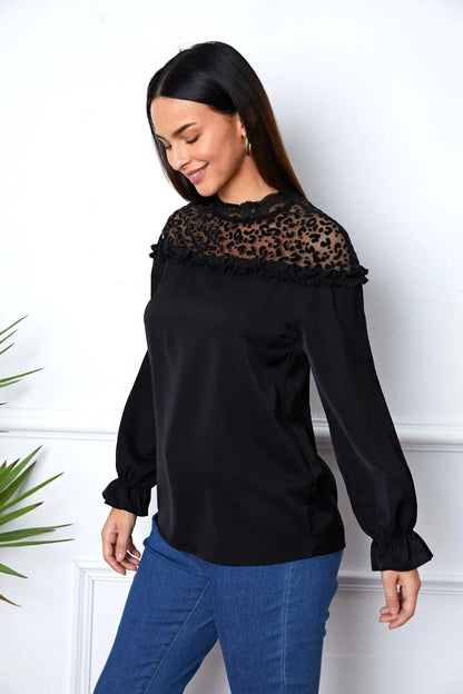 Trendsi Leopard Frill Flounce Sleeve Blouse