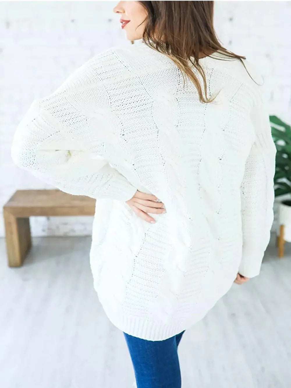 Cable-Knit Open Front Long Sleeve Cardigan White Easy Apparels