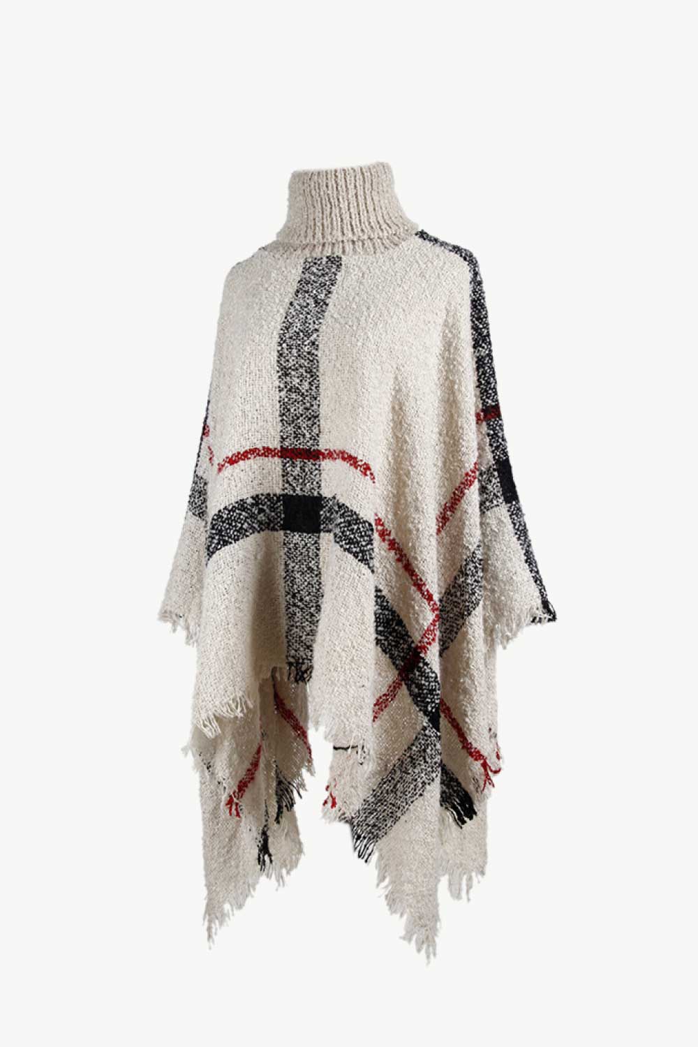 Plaid Turtleneck Raw Hem Poncho Easy Apparels