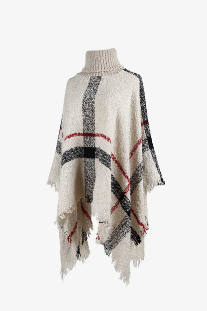 Plaid Turtleneck Raw Hem Poncho Easy Apparels