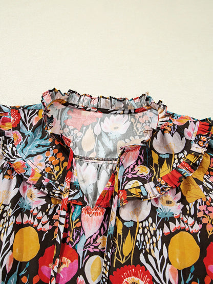 Trendsi Floral 3/4 Puff Sleeve Tied Neck Blouse