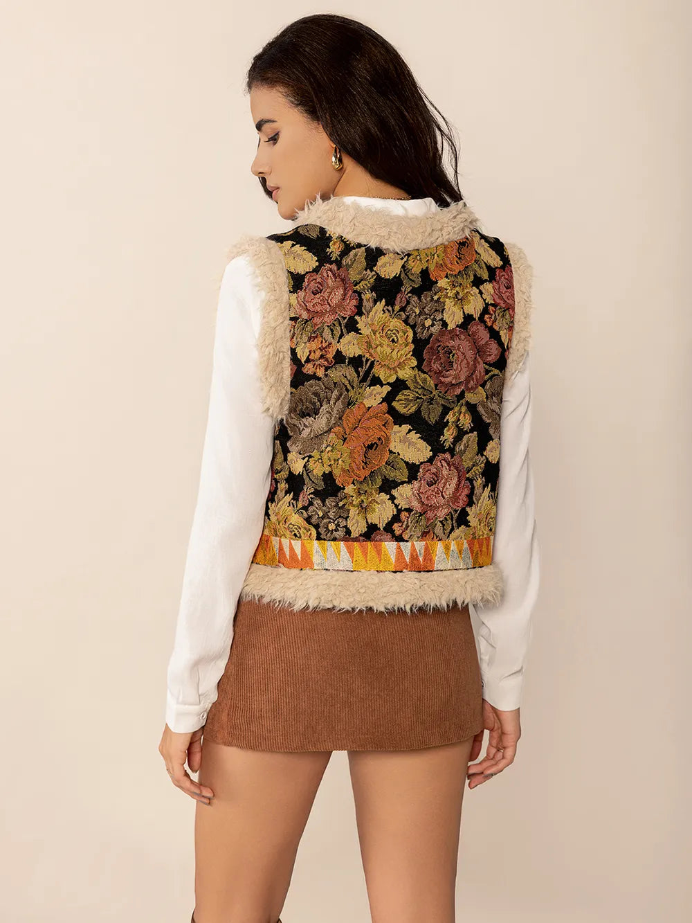 Embroidered Fuzzy Trim Open Front Vest Coat Easy Apparels
