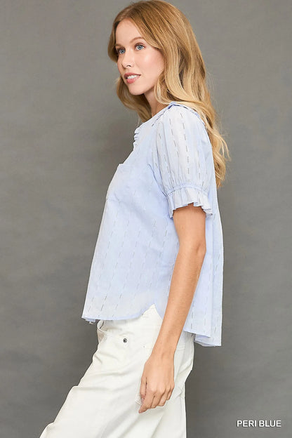 Trendsi Umgee Peter Pan Collared Button Down Textured Shirt with Ruffled Detail