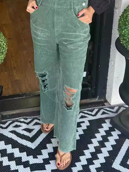 Distressed Wide Leg Corduroy Overalls Easy Apparels
