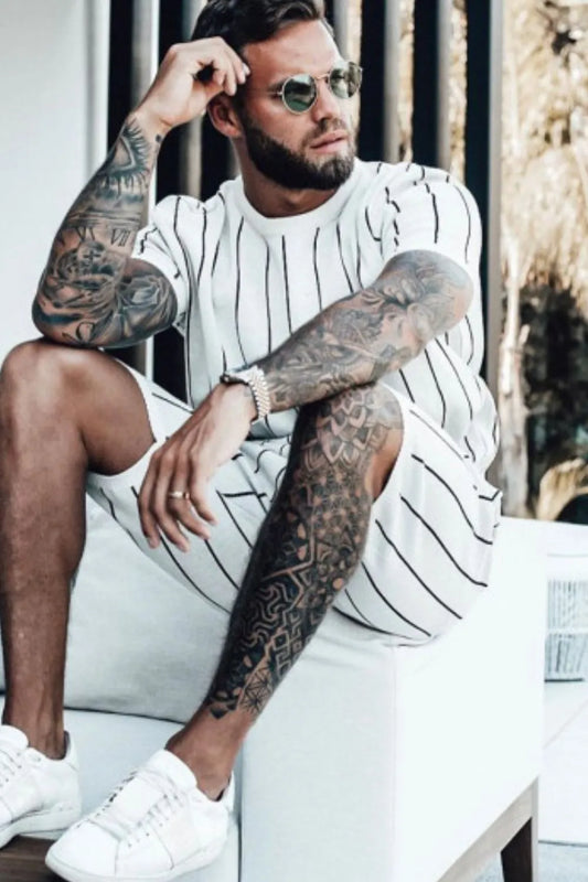 Men's Full Size Striped Casual Top and Shorts Summer Set Plus Size Easy Apparels
