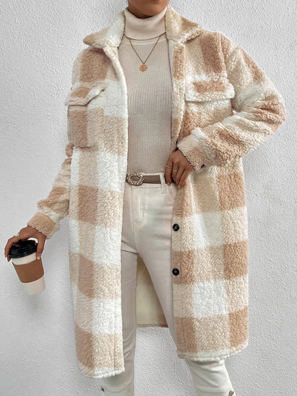 Plaid Collared Neck Button Down Coat Tan Easy Apparels