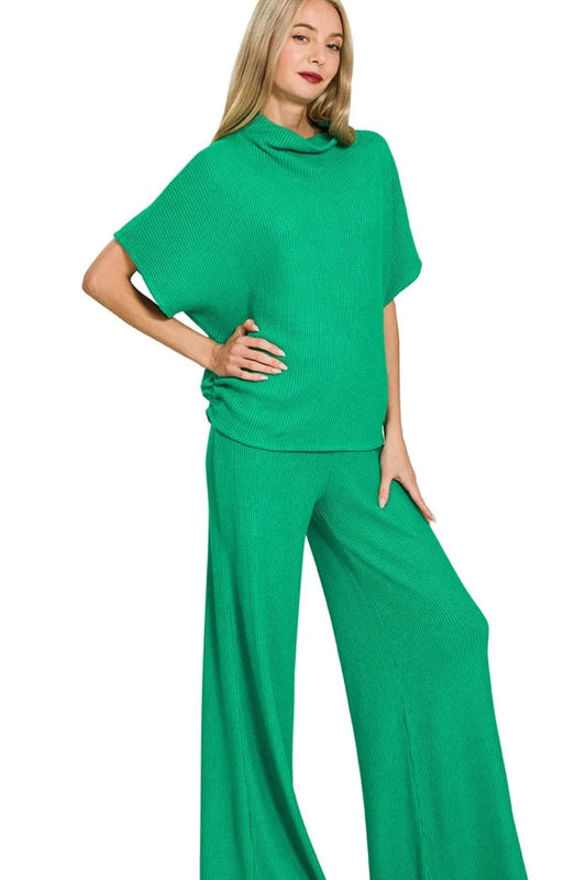 Zenana Sweater Mock Neck Top & Long Pants Set K GREEN Easy Apparels
