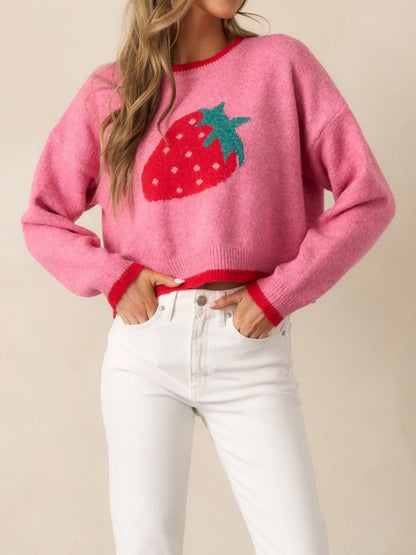 Trendsi Strawberry Round Neck Long Sleeve Sweater