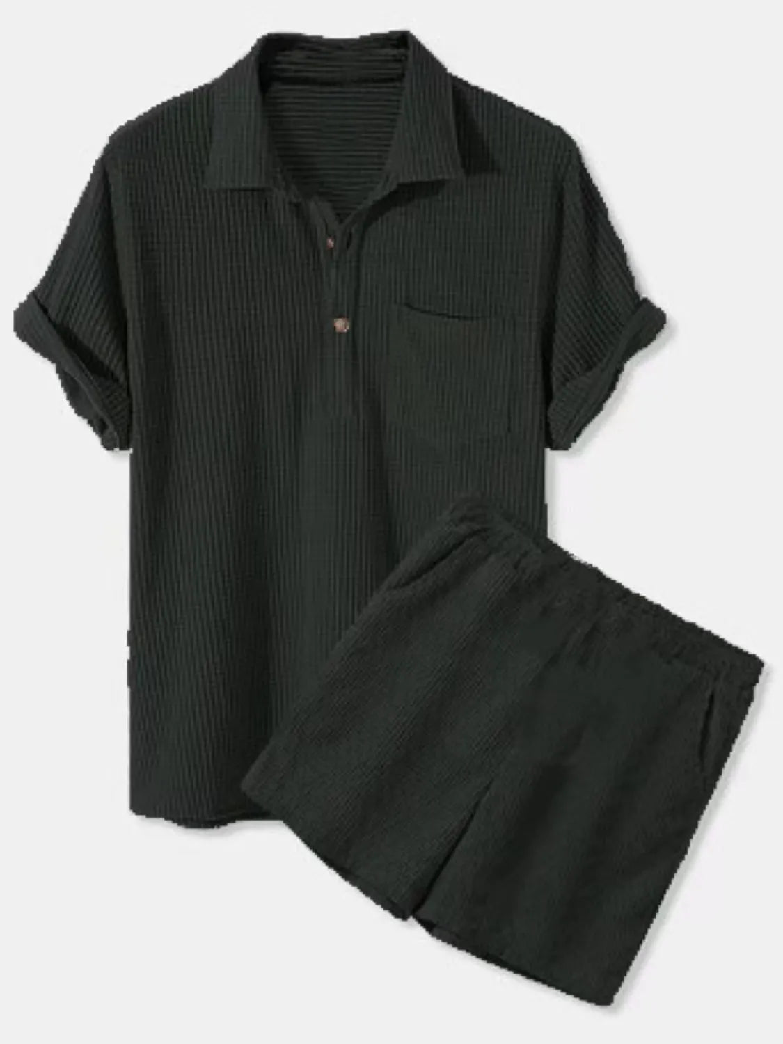 Men's Full Size Button Detail Short Sleeve Top and Shorts Set Plus Size Black Easy Apparels