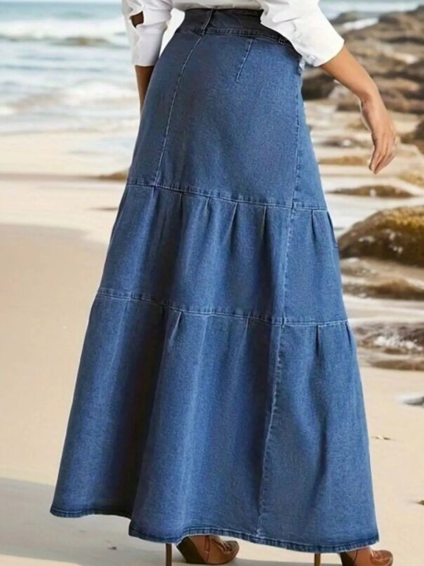 Tiered Maxi Denim Skirt with Zipper Detail Easy Apparels