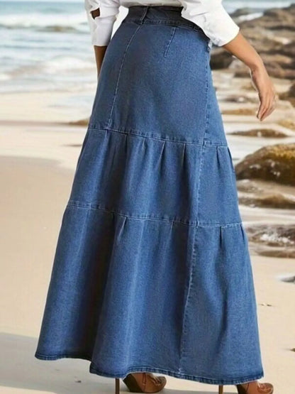 Tiered Maxi Denim Skirt with Zipper Detail Easy Apparels