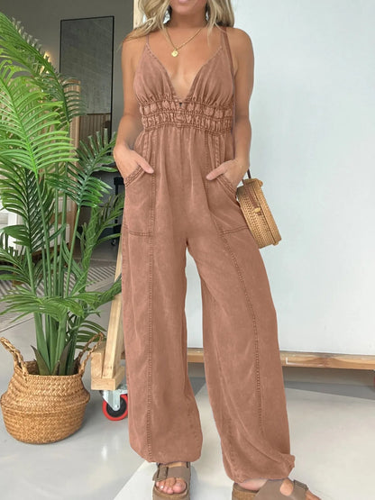 Full Size Wide Leg Spaghetti Strap Jumpsuit Plus Size Brown Easy Apparels