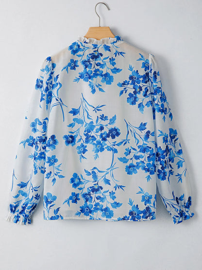Trendsi Floral Long Sleeve Tie Neck Blouse