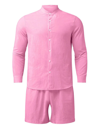 Men's Full Size Button Up Long Sleeve Shirt and Shorts Set Plus Size Pink Easy Apparels