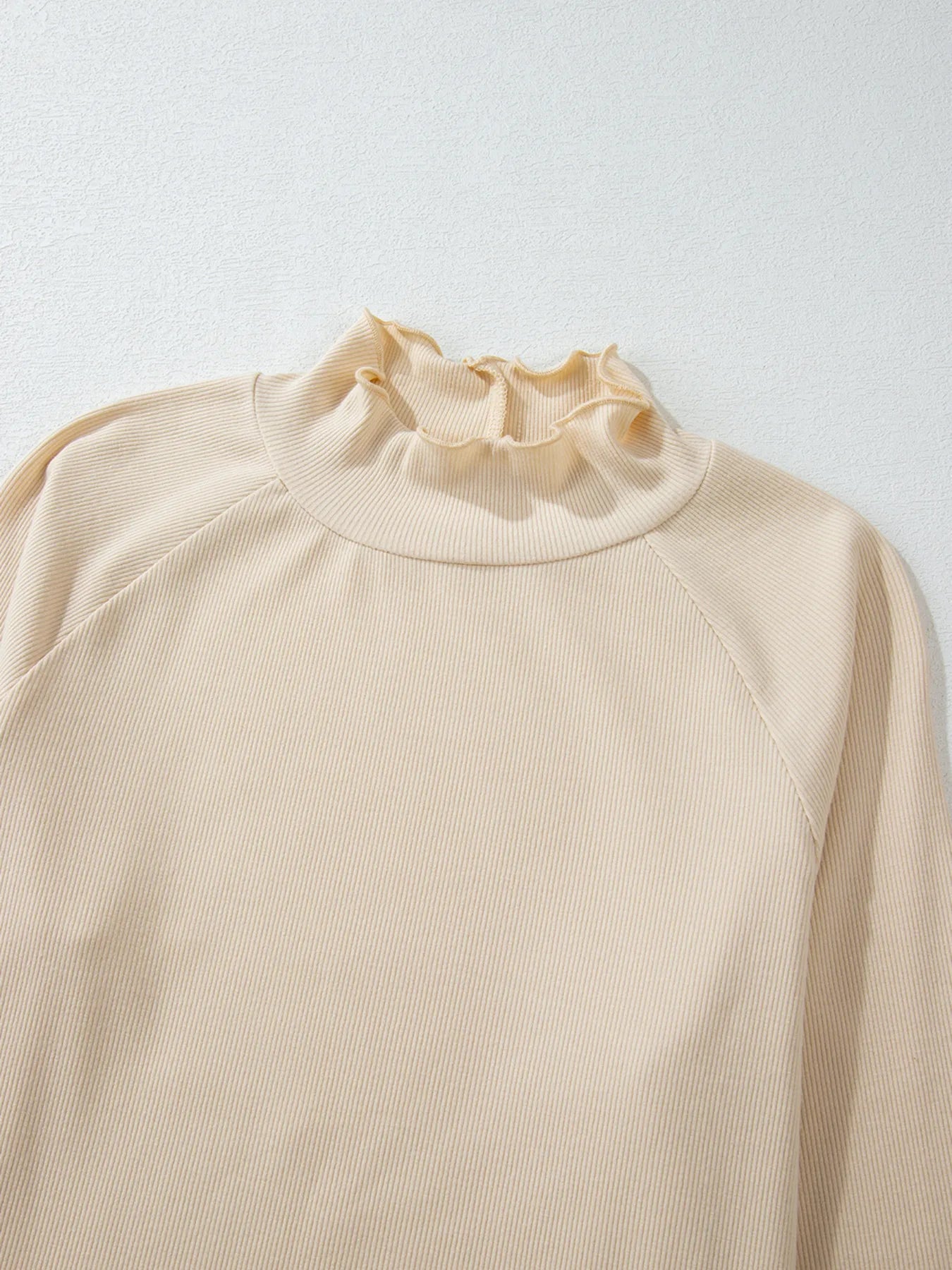 Trendsi Ribbed Knit Lettuce Trim Mock Neck Long Sleeve Top