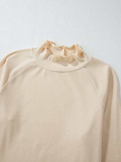 Trendsi Ribbed Knit Lettuce Trim Mock Neck Long Sleeve Top