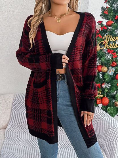 Plaid Open Front Long Sleeve Cardigan Easy Apparels