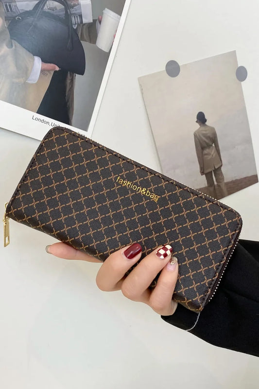 PU Leather Plaid Wallet Coffee Brown One Size Easy Apparels