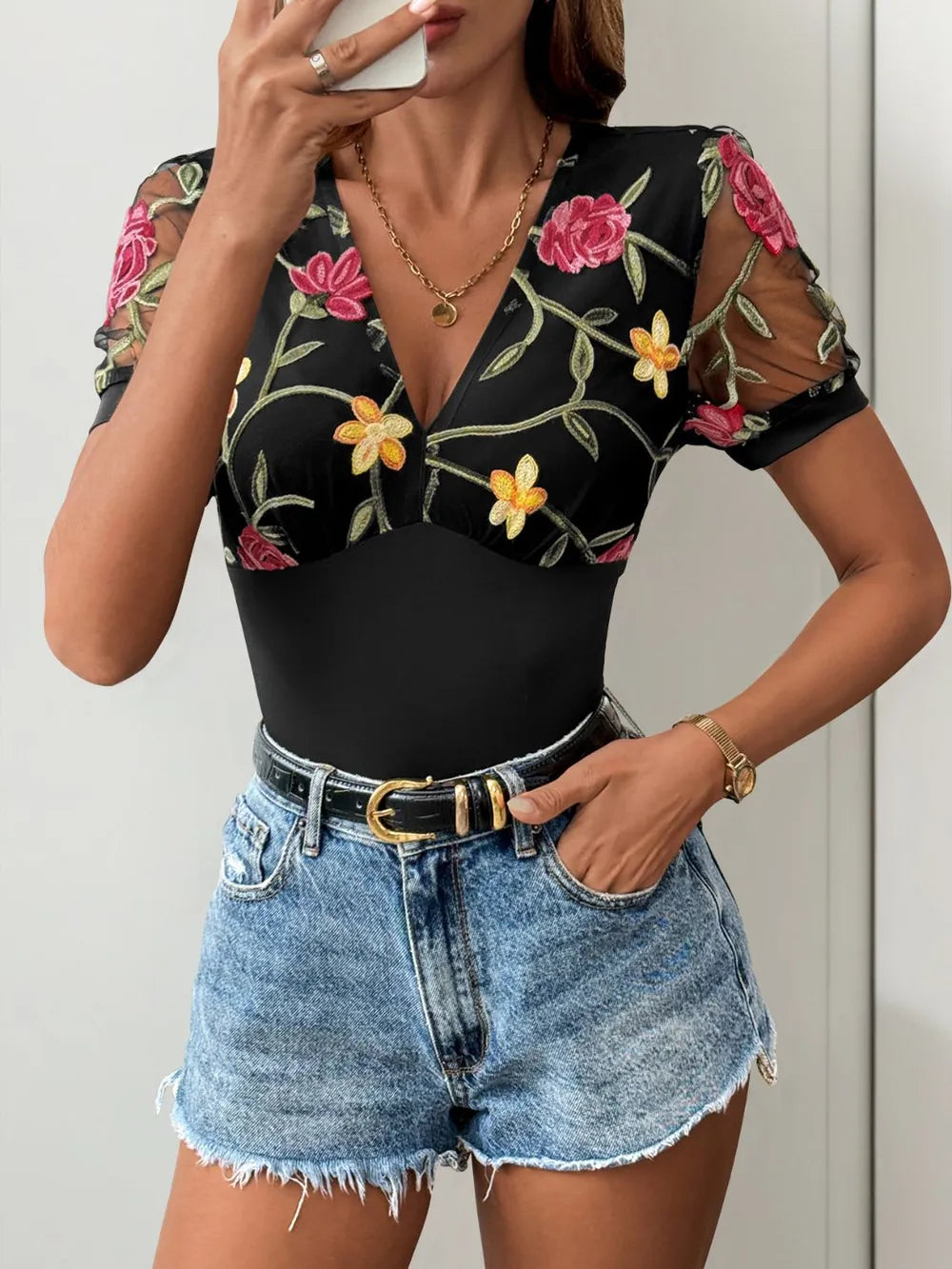 Trendsi Perfee Embroidered V-Neck Floral Bodysuit