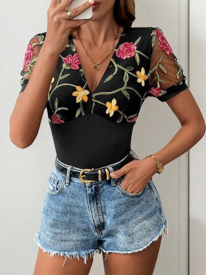 Trendsi Perfee Embroidered V-Neck Floral Bodysuit