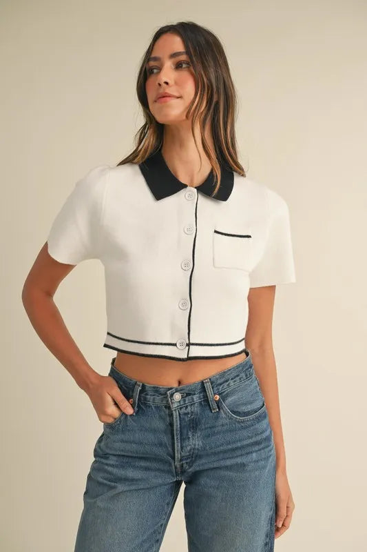 MABLE Button Down Contrast Collared Knit Cardigan Cream Easy Apparels
