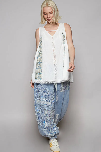 Trendsi POL V Neck Sleeveless Tank Top with Lace Detail