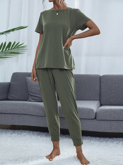 Shiny Round Neck Short Sleeve Top and Pants Set Easy Apparels