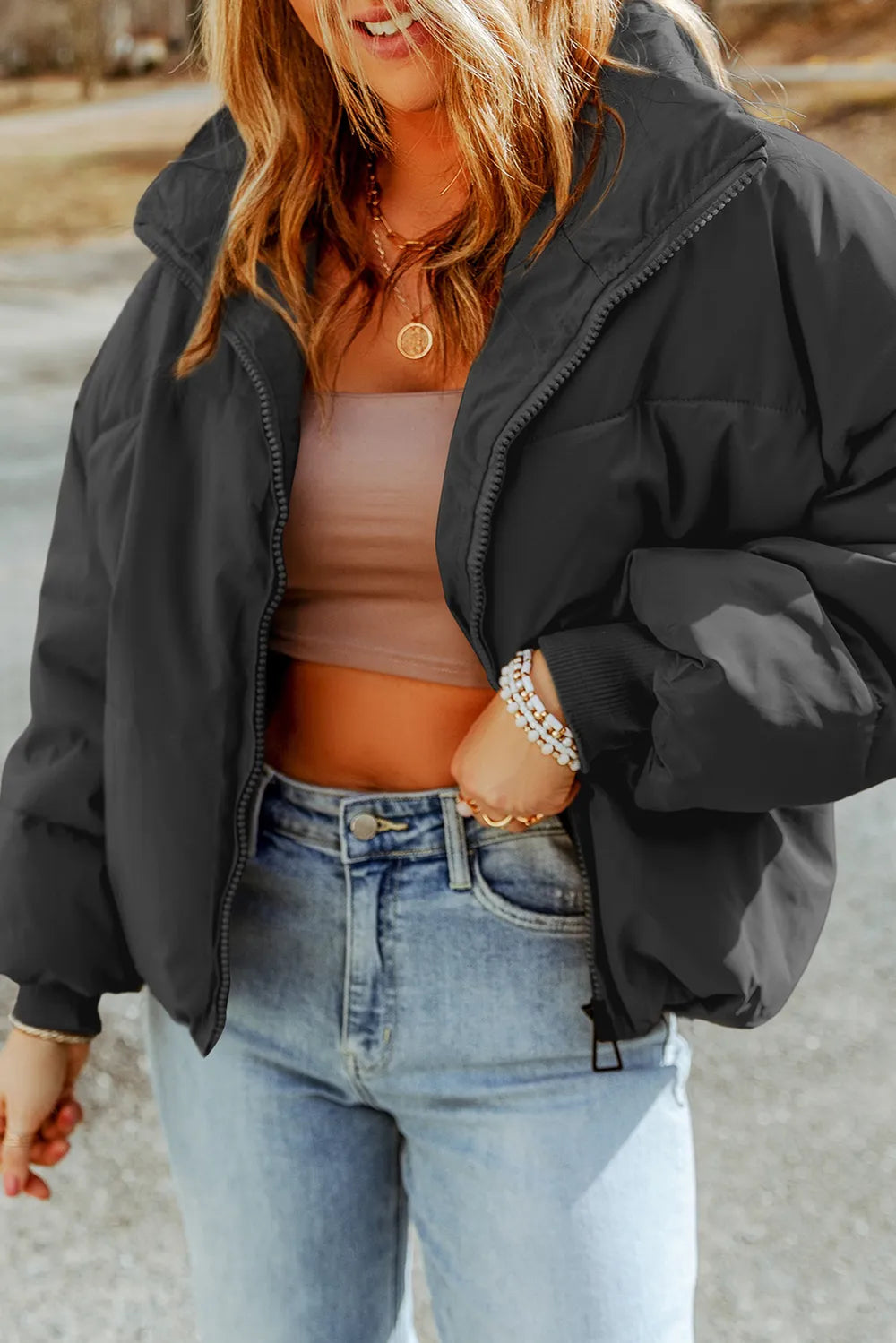 Zip Up Collared Neck Coat with Pockets Easy Apparels